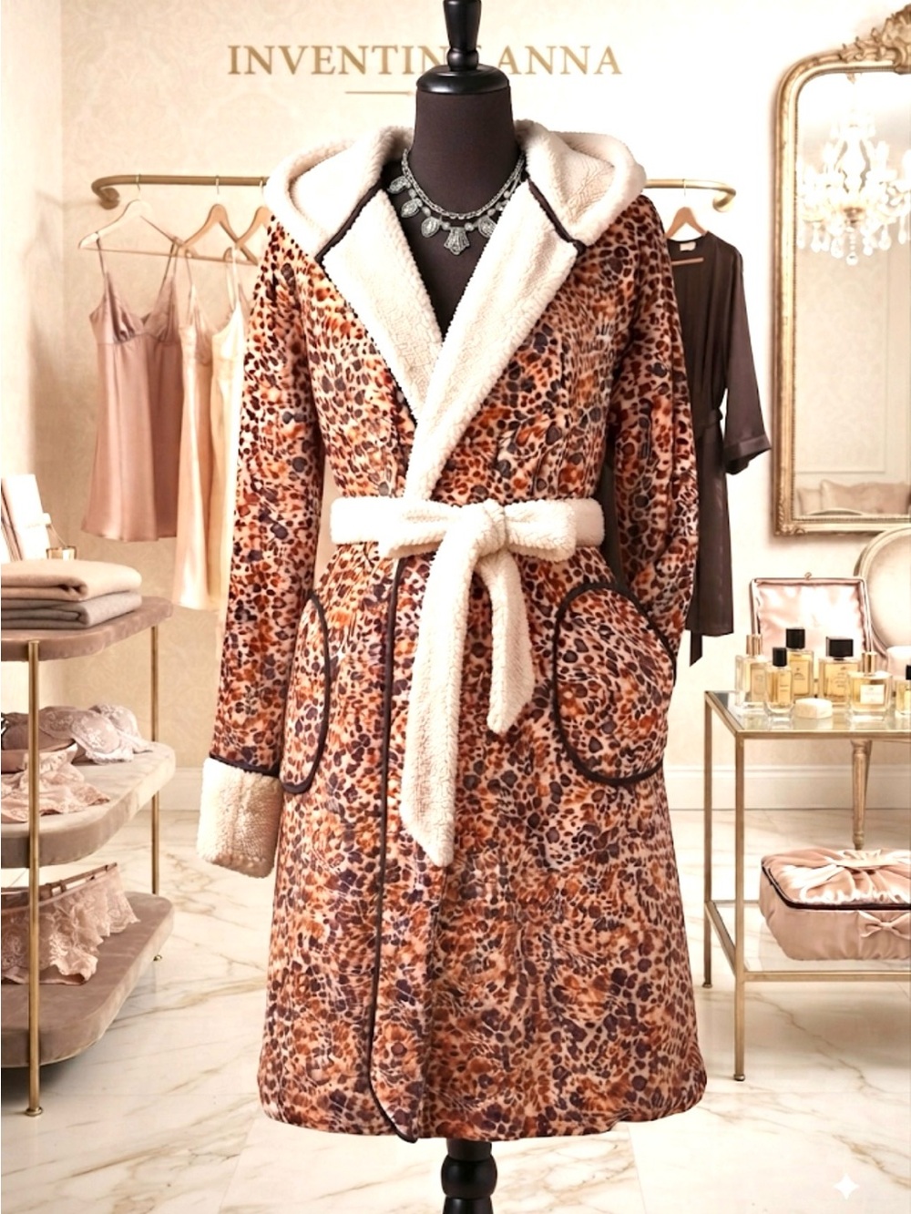 ANTHROPOLOGIE Black/Brown/Rust/Off White Serpa Loungewear Robe Intimate w/Hoodie